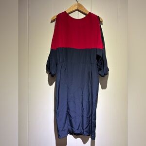 Annelore red navy colorblock dress open sleeve shift 6 100% silk